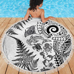 New Zealand Sea Animals Beach Blanket with Maori Koru Tribal Tattoo and Silver Ferns White Color