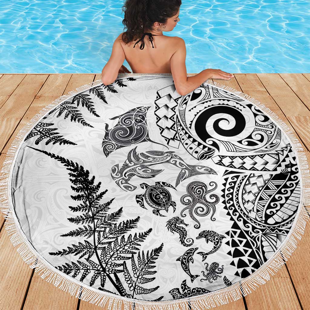 New Zealand Sea Animals Beach Blanket with Maori Koru Tribal Tattoo and Silver Ferns White Color