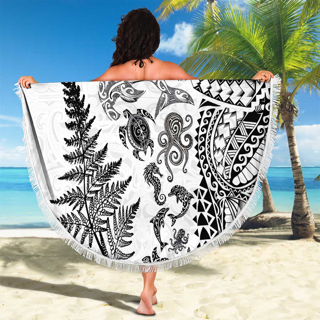 New Zealand Sea Animals Beach Blanket with Maori Koru Tribal Tattoo and Silver Ferns White Color