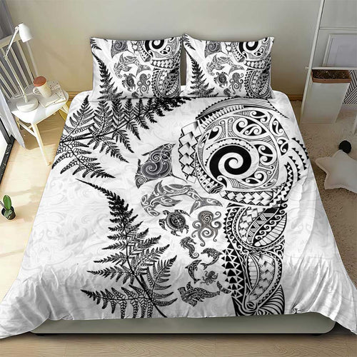 New Zealand Sea Animals Bedding Set with Maori Koru Tribal Tattoo and Silver Ferns White Color