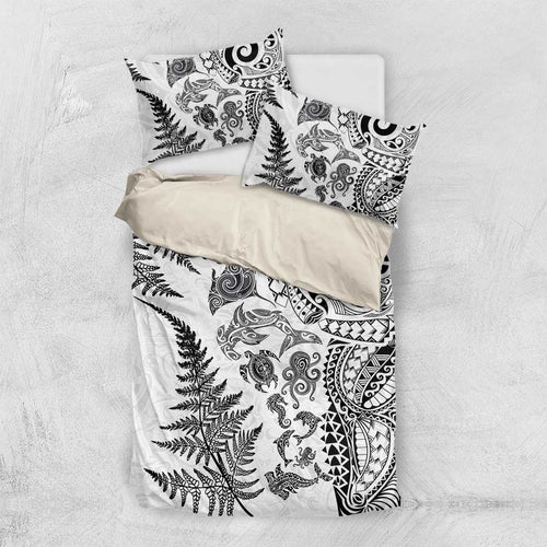 New Zealand Sea Animals Bedding Set with Maori Koru Tribal Tattoo and Silver Ferns White Color