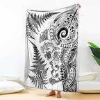 New Zealand Sea Animals Blanket with Maori Koru Tribal Tattoo and Silver Ferns White Color