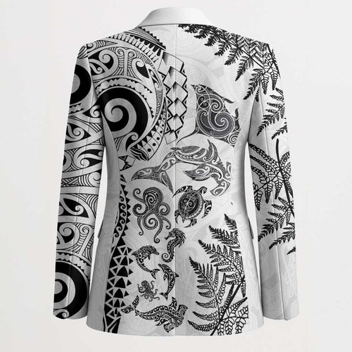 New Zealand Sea Animals Blazer with Maori Koru Tribal Tattoo and Silver Ferns White Color