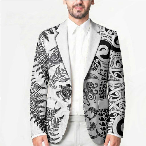 New Zealand Sea Animals Blazer with Maori Koru Tribal Tattoo and Silver Ferns White Color