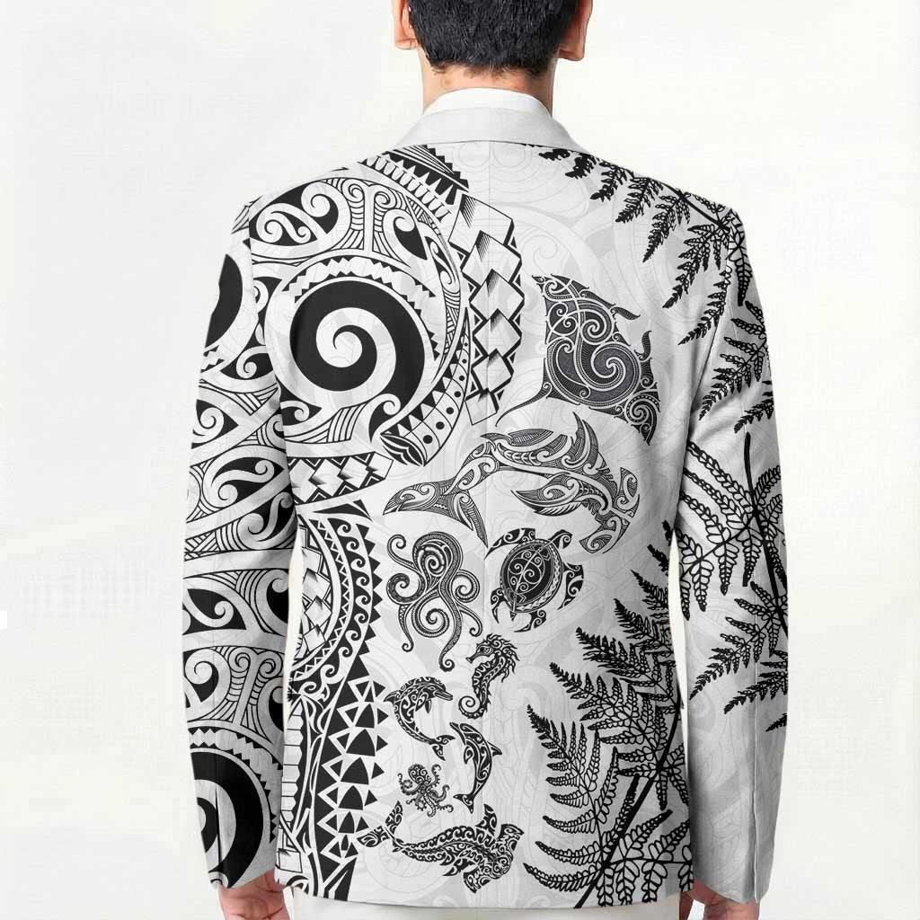 New Zealand Sea Animals Blazer with Maori Koru Tribal Tattoo and Silver Ferns White Color