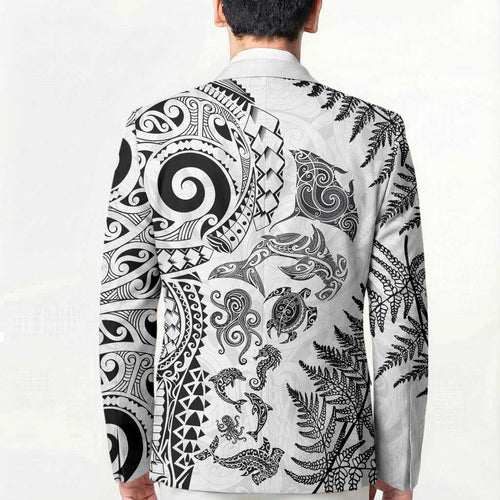 New Zealand Sea Animals Blazer with Maori Koru Tribal Tattoo and Silver Ferns White Color