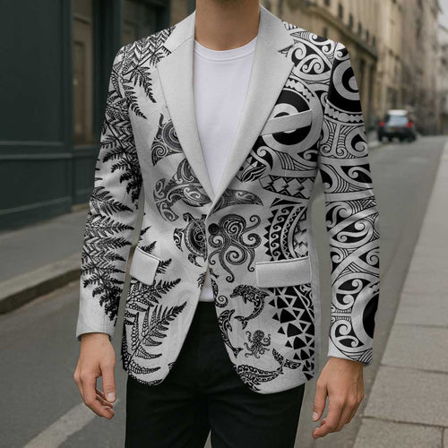 New Zealand Sea Animals Blazer with Maori Koru Tribal Tattoo and Silver Ferns White Color