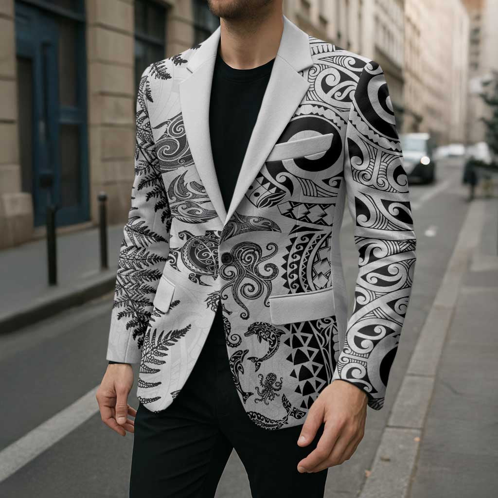 New Zealand Sea Animals Blazer with Maori Koru Tribal Tattoo and Silver Ferns White Color