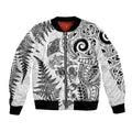 New Zealand Sea Animals Bomber Jacket with Maori Koru Tribal Tattoo and Silver Ferns White Color