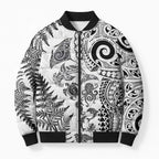 New Zealand Sea Animals Bomber Puffer Jacket with Maori Koru Tribal Tattoo and Silver Ferns White Color