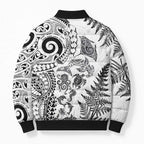 New Zealand Sea Animals Bomber Puffer Jacket with Maori Koru Tribal Tattoo and Silver Ferns White Color