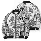 New Zealand Sea Animals Bomber Puffer Jacket with Maori Koru Tribal Tattoo and Silver Ferns White Color