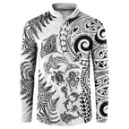 New Zealand Sea Animals Button Sweatshirt with Maori Koru Tribal Tattoo and Silver Ferns White Color