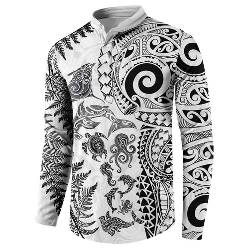 New Zealand Sea Animals Button Sweatshirt with Maori Koru Tribal Tattoo and Silver Ferns White Color