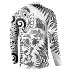 New Zealand Sea Animals Button Sweatshirt with Maori Koru Tribal Tattoo and Silver Ferns White Color