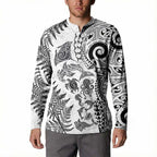 New Zealand Sea Animals Button Sweatshirt with Maori Koru Tribal Tattoo and Silver Ferns White Color
