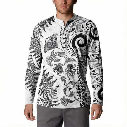 New Zealand Sea Animals Button Sweatshirt with Maori Koru Tribal Tattoo and Silver Ferns White Color