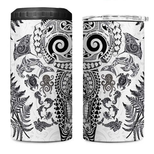 New Zealand Sea Animals 4 in 1 Can Cooler Tumbler with Maori Koru Tribal Tattoo and Silver Ferns White Color