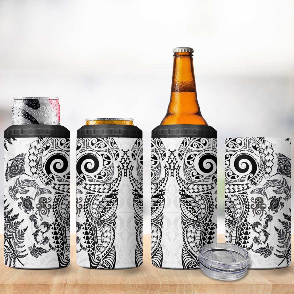 New Zealand Sea Animals 4 in 1 Can Cooler Tumbler with Maori Koru Tribal Tattoo and Silver Ferns White Color