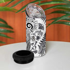 New Zealand Sea Animals 4 in 1 Can Cooler Tumbler with Maori Koru Tribal Tattoo and Silver Ferns White Color