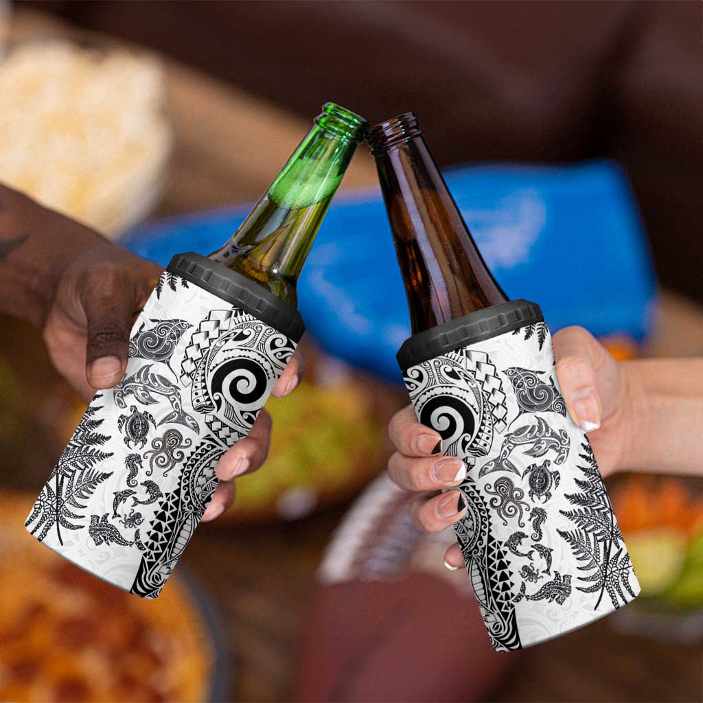 New Zealand Sea Animals 4 in 1 Can Cooler Tumbler with Maori Koru Tribal Tattoo and Silver Ferns White Color