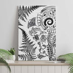 New Zealand Sea Animals Canvas Wall Art with Maori Koru Tribal Tattoo and Silver Ferns White Color