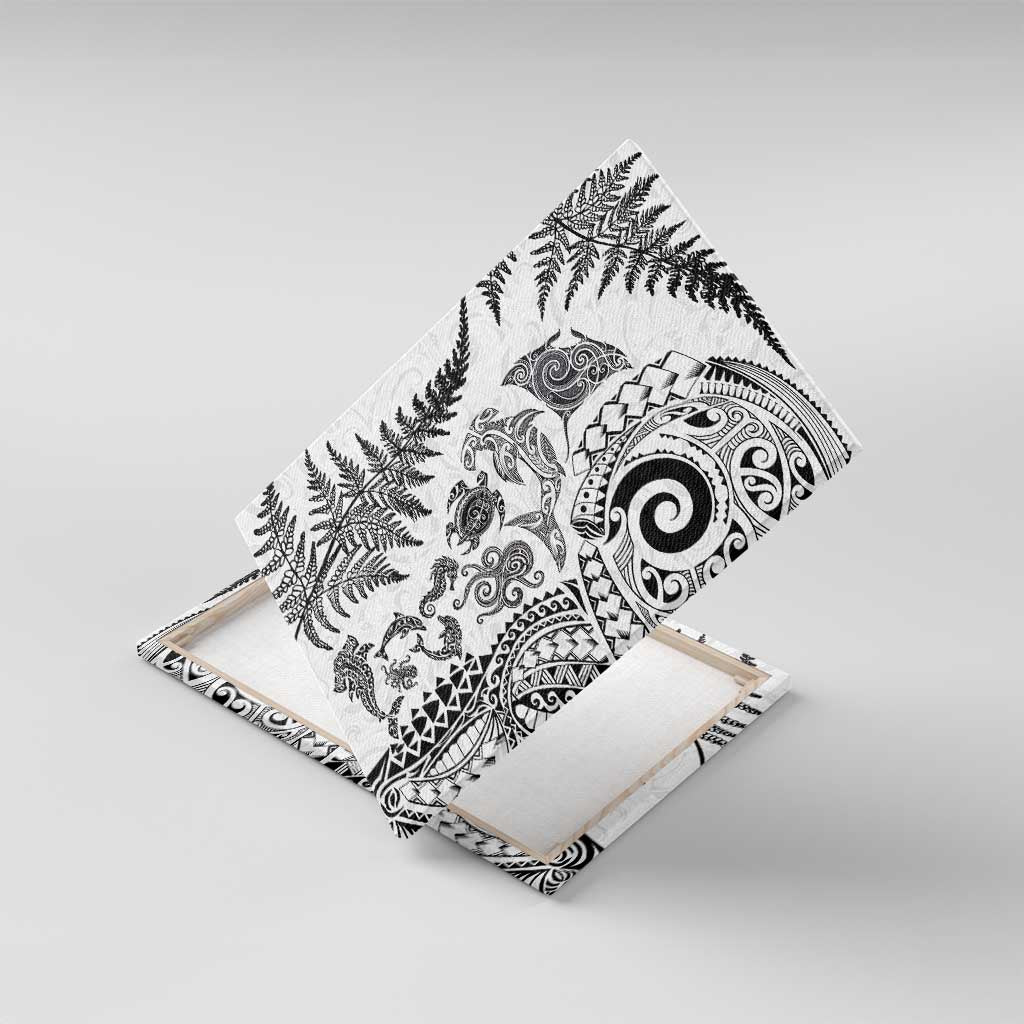 New Zealand Sea Animals Canvas Wall Art with Maori Koru Tribal Tattoo and Silver Ferns White Color