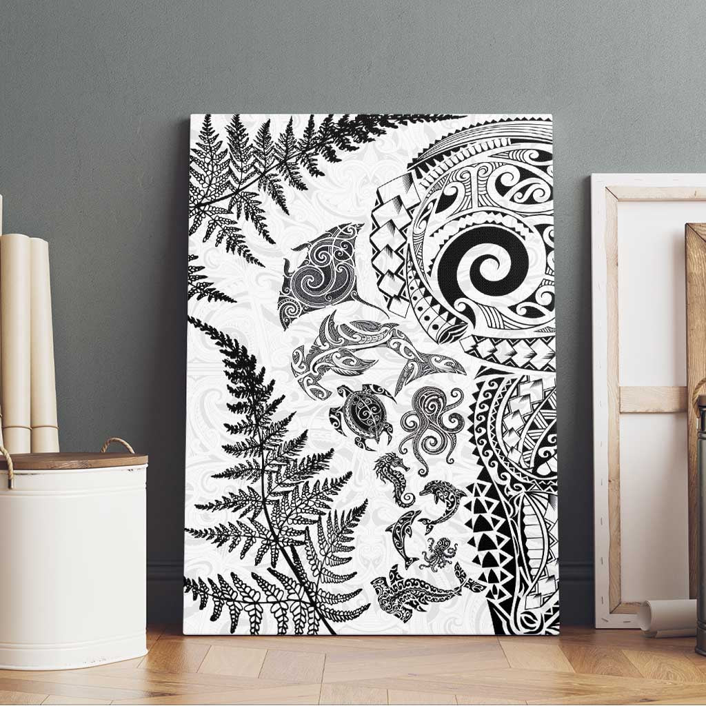 New Zealand Sea Animals Canvas Wall Art with Maori Koru Tribal Tattoo and Silver Ferns White Color