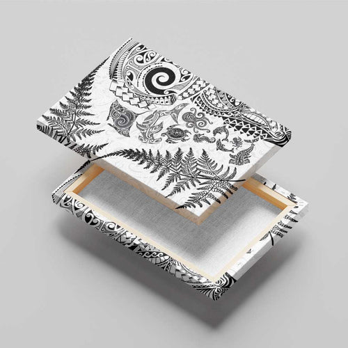 New Zealand Sea Animals Canvas Wall Art with Maori Koru Tribal Tattoo and Silver Ferns White Color