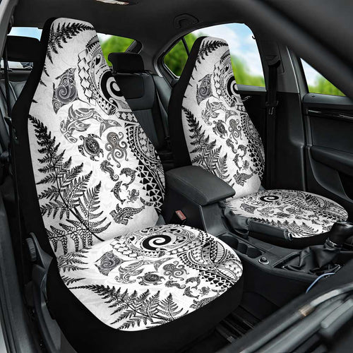 New Zealand Sea Animals Car Seat Cover with Maori Koru Tribal Tattoo and Silver Ferns White Color