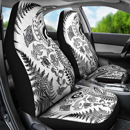New Zealand Sea Animals Car Seat Cover with Maori Koru Tribal Tattoo and Silver Ferns White Color