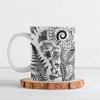 New Zealand Sea Animals Ceramic Mug with Maori Koru Tribal Tattoo and Silver Ferns White Color