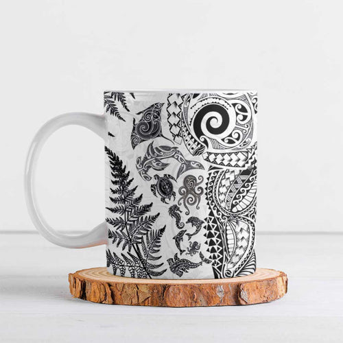 New Zealand Sea Animals Ceramic Mug with Maori Koru Tribal Tattoo and Silver Ferns White Color