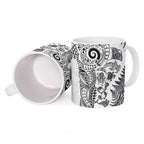 New Zealand Sea Animals Ceramic Mug with Maori Koru Tribal Tattoo and Silver Ferns White Color