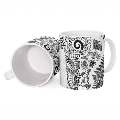 New Zealand Sea Animals Ceramic Mug with Maori Koru Tribal Tattoo and Silver Ferns White Color