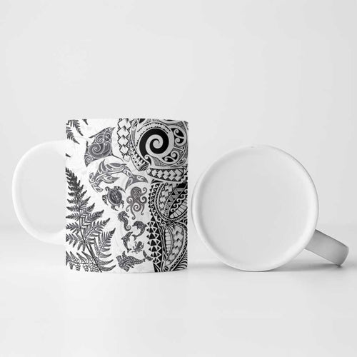 New Zealand Sea Animals Ceramic Mug with Maori Koru Tribal Tattoo and Silver Ferns White Color