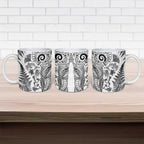 New Zealand Sea Animals Ceramic Mug with Maori Koru Tribal Tattoo and Silver Ferns White Color