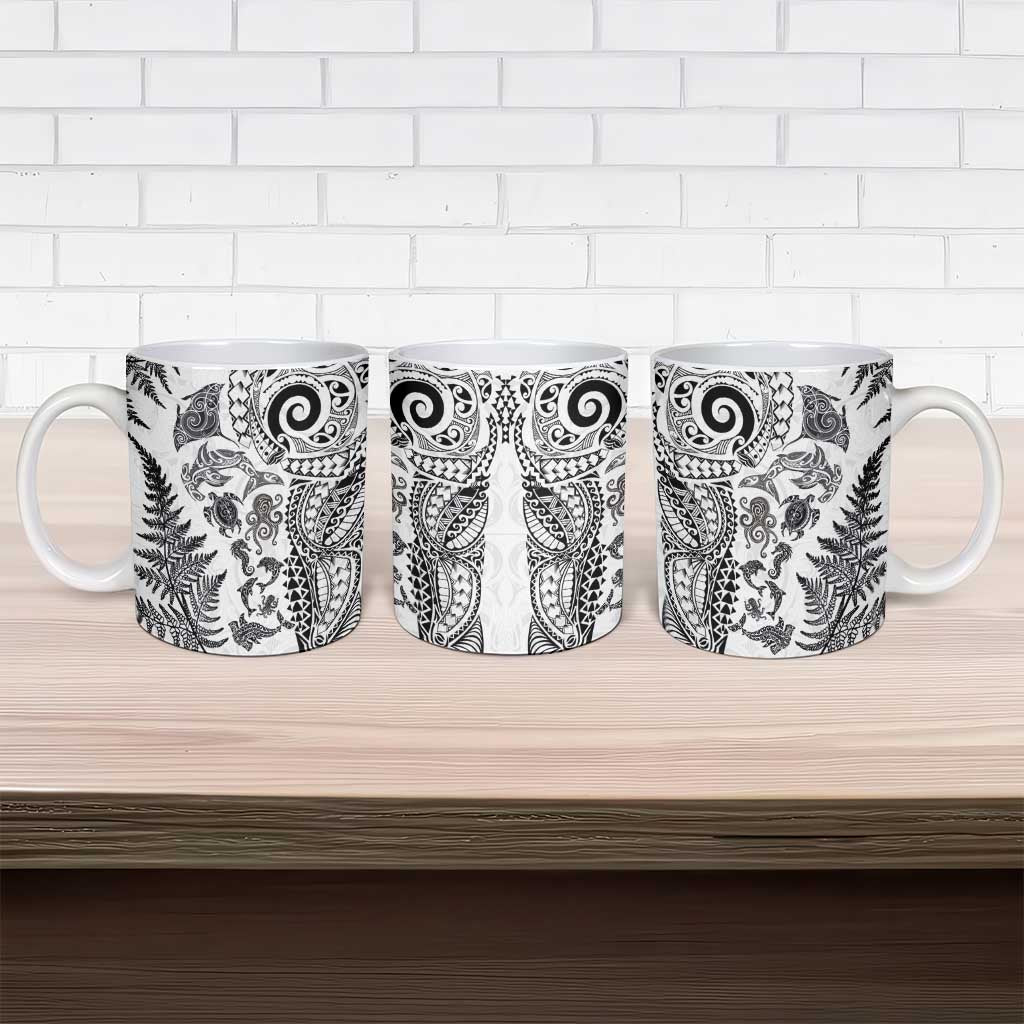 New Zealand Sea Animals Ceramic Mug with Maori Koru Tribal Tattoo and Silver Ferns White Color
