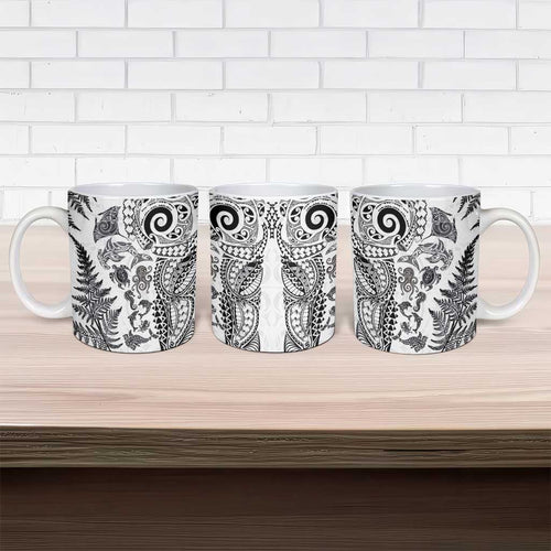 New Zealand Sea Animals Ceramic Mug with Maori Koru Tribal Tattoo and Silver Ferns White Color
