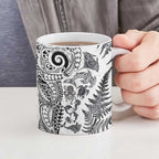 New Zealand Sea Animals Ceramic Mug with Maori Koru Tribal Tattoo and Silver Ferns White Color