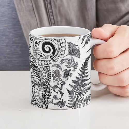 New Zealand Sea Animals Ceramic Mug with Maori Koru Tribal Tattoo and Silver Ferns White Color