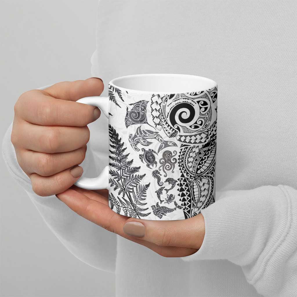 New Zealand Sea Animals Ceramic Mug with Maori Koru Tribal Tattoo and Silver Ferns White Color