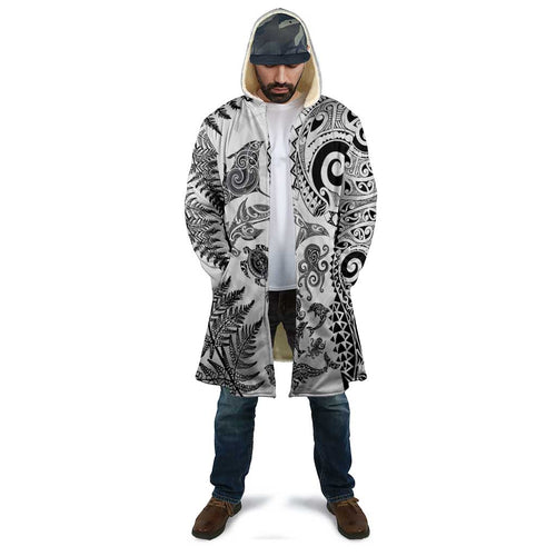 New Zealand Sea Animals Cloak with Maori Koru Tribal Tattoo and Silver Ferns White Color