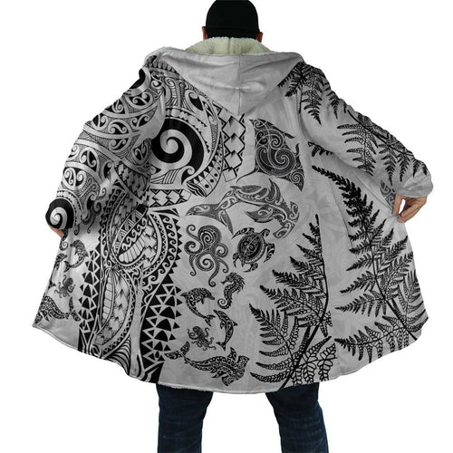 New Zealand Sea Animals Cloak with Maori Koru Tribal Tattoo and Silver Ferns White Color