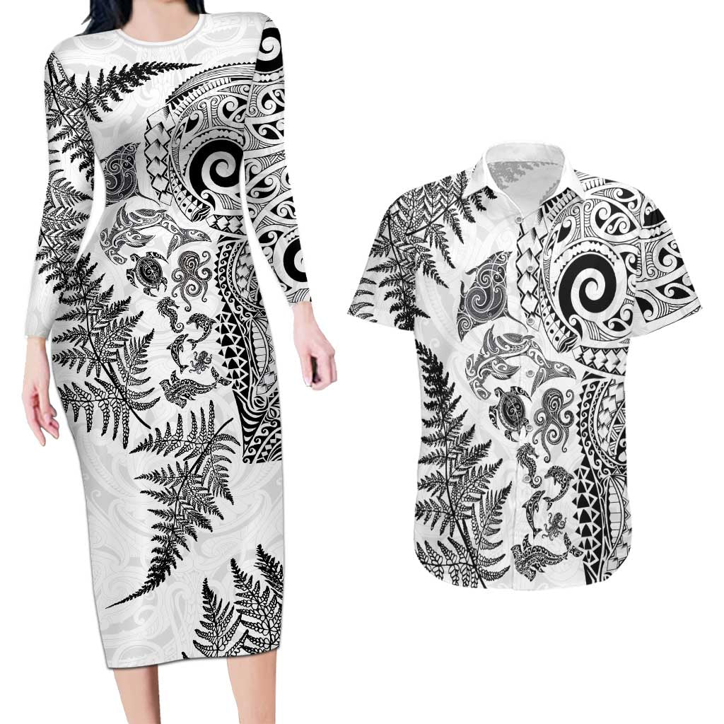 New Zealand Sea Animals Couples Matching Long Sleeve Bodycon Dress and Hawaiian Shirt with Maori Koru Tribal Tattoo and Silver Ferns White Color