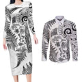 New Zealand Sea Animals Couples Matching Long Sleeve Bodycon Dress and Long Sleeve Button Shirt with Maori Koru Tribal Tattoo and Silver Ferns White Color