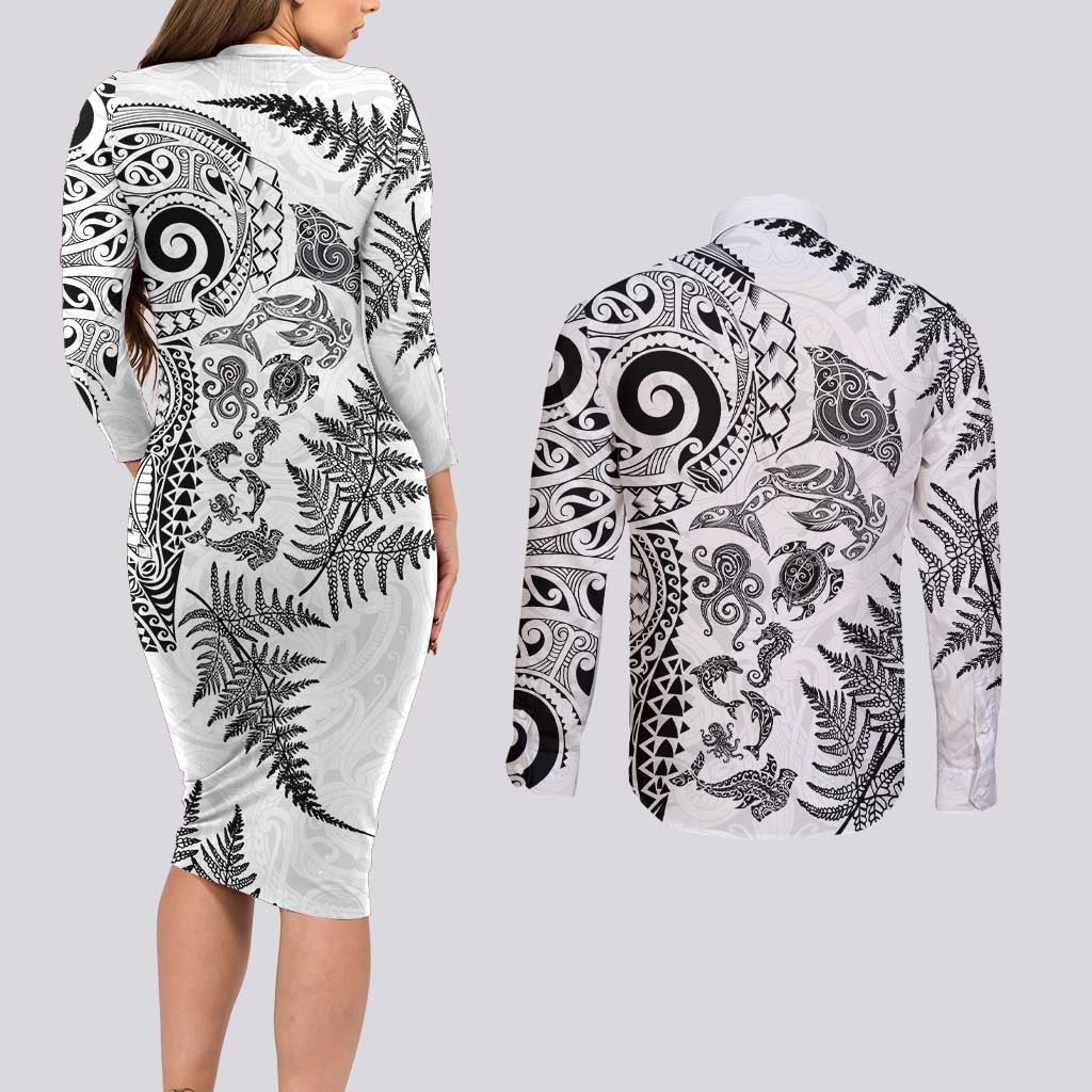 New Zealand Sea Animals Couples Matching Long Sleeve Bodycon Dress and Long Sleeve Button Shirt with Maori Koru Tribal Tattoo and Silver Ferns White Color