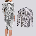 New Zealand Sea Animals Couples Matching Long Sleeve Bodycon Dress and Long Sleeve Button Shirt with Maori Koru Tribal Tattoo and Silver Ferns White Color