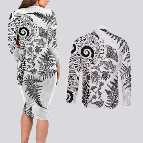 New Zealand Sea Animals Couples Matching Long Sleeve Bodycon Dress and Long Sleeve Button Shirt with Maori Koru Tribal Tattoo and Silver Ferns White Color