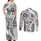 New Zealand Sea Animals Couples Matching Off Shoulder Maxi Dress and Long Sleeve Button Shirt with Maori Koru Tribal Tattoo and Silver Ferns White Color